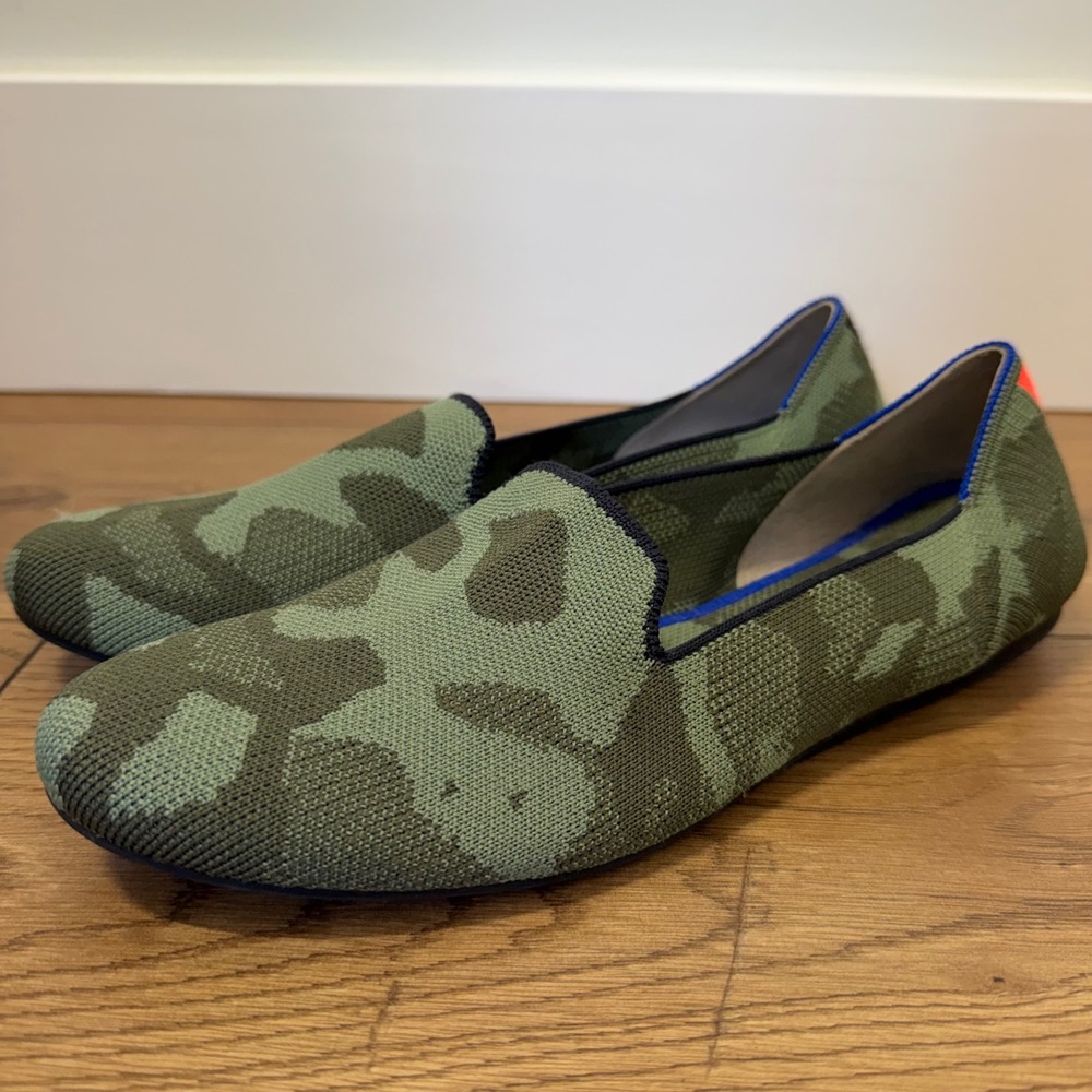 Rothys Camo Smoking Loafer 9.5 Green Knit Slip On Comfortable Travel